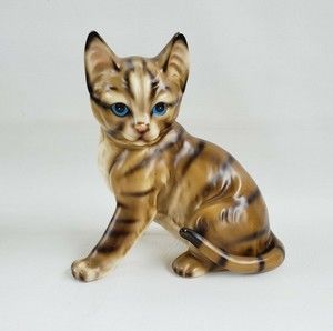 Midcentury M. Takai Porcelain Cat Life-Size Lifelike Signed 7-1/2" Kitten